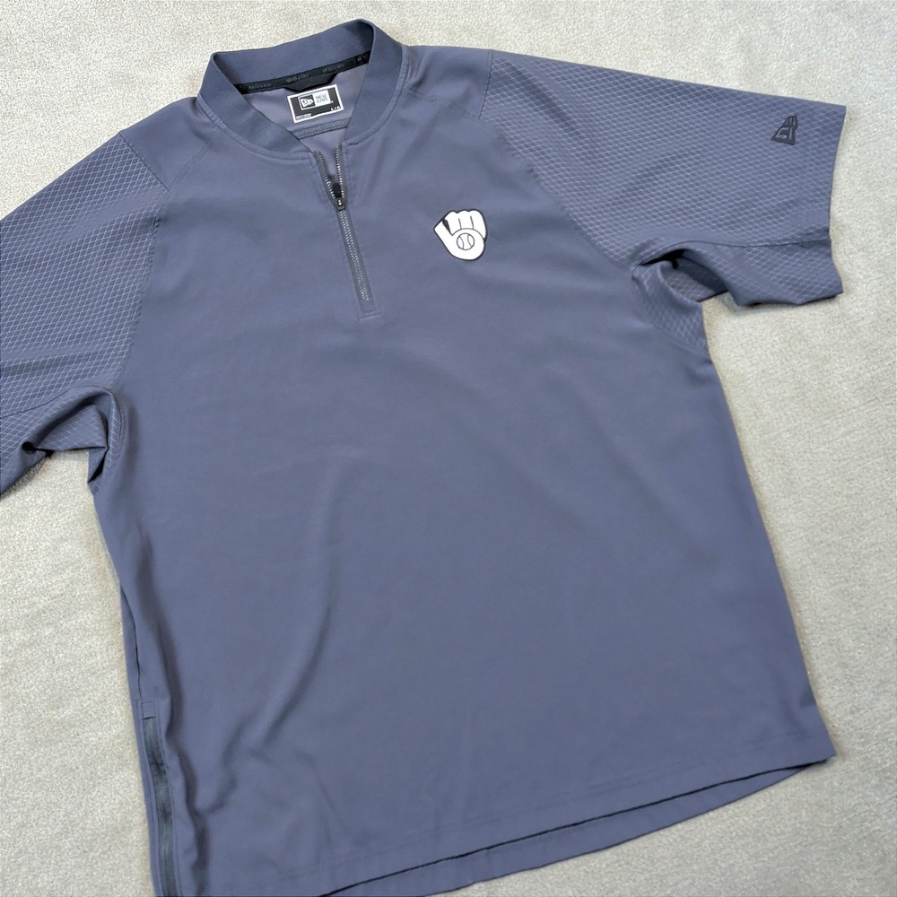 New Era Milwaukee Brewers Mens Large Gray 1/4 Zip Short Sleeve Cage Jacket MLB